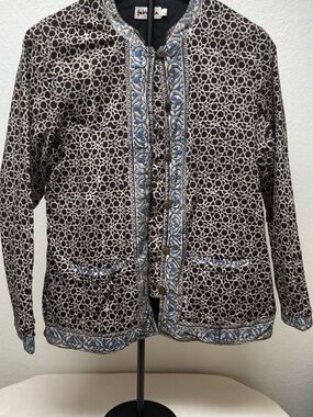 fabindia Black and Cream Quilted Jacket with Blue Trim